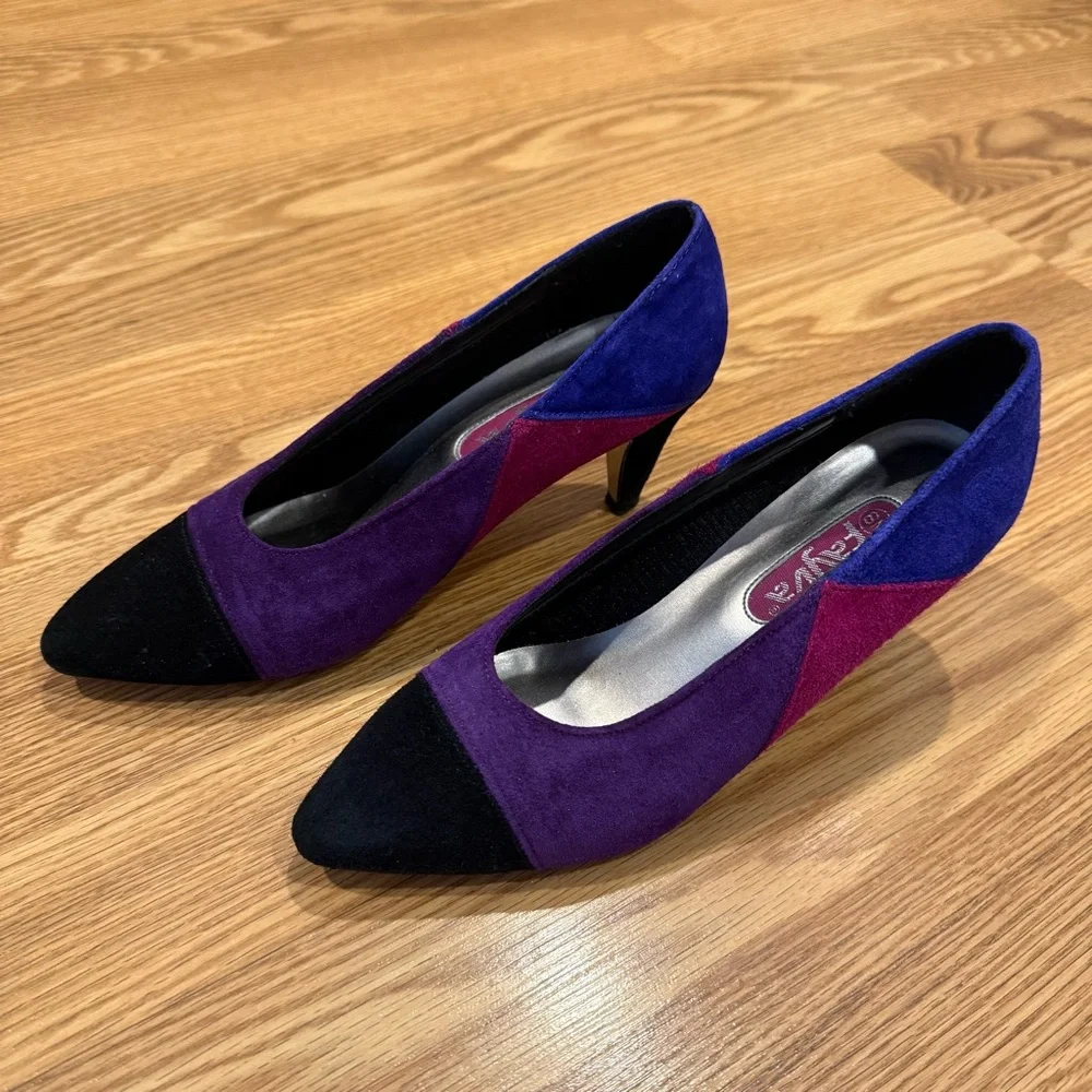 Vintage Fayva Suede Colorblock Purple Blue Black Pumps‎ sz 6 M